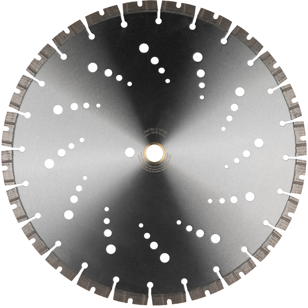 Back side of Makita 14" diamond blade with mounting instructions and directional arrow

