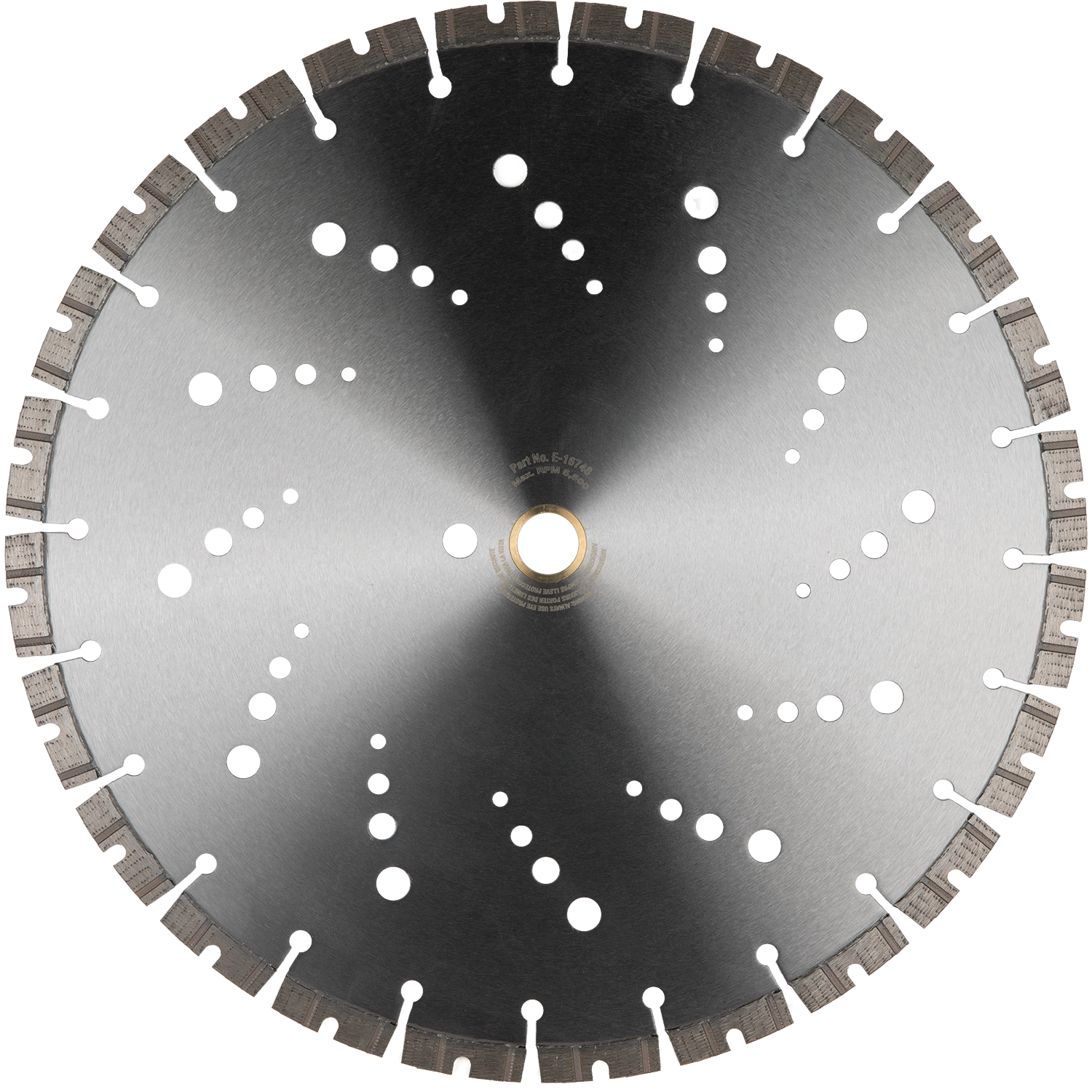 Back side of Makita 14" diamond blade with mounting instructions and directional arrow

