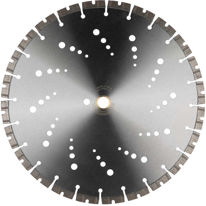 Back side of Makita 14" diamond blade with mounting instructions and directional arrow
