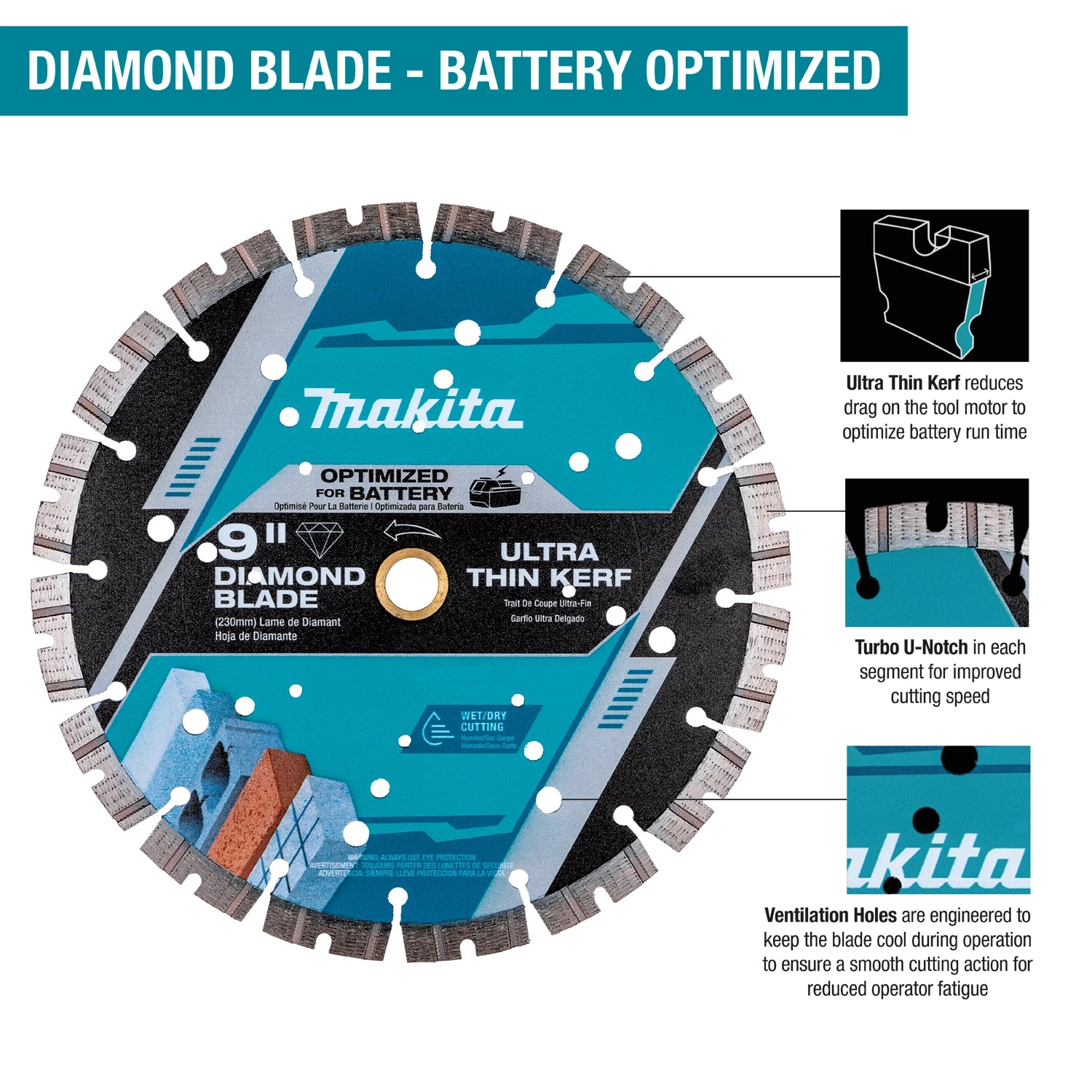 Makita 14" Thin Kerf Diamond Blade displayed flat with segmented rim and laser-etched features visible
