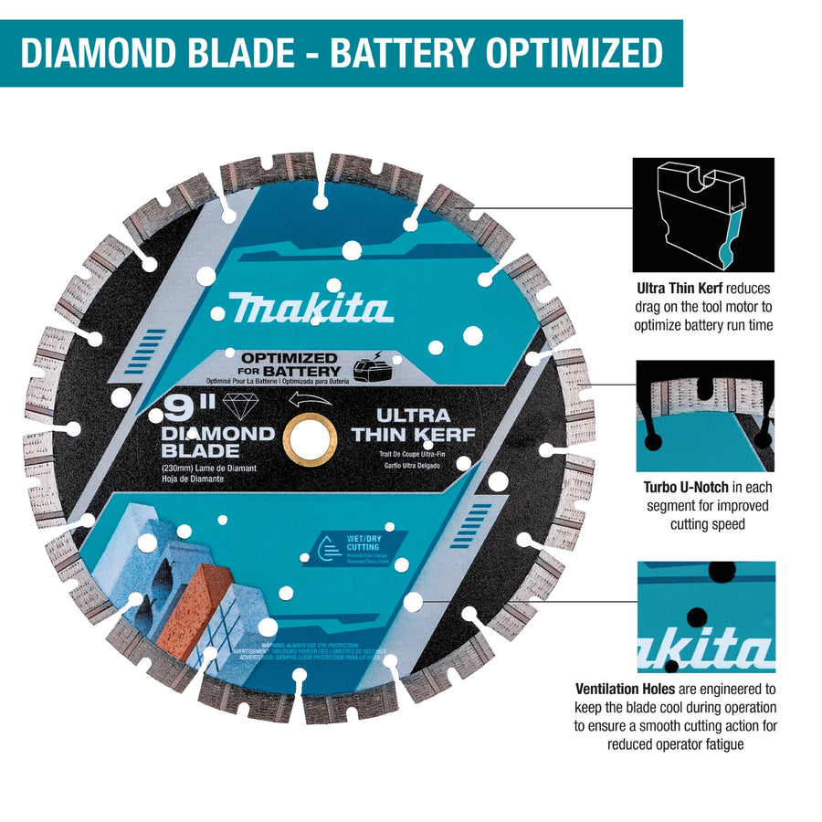 Makita 14" Thin Kerf Diamond Blade displayed flat with segmented rim and laser-etched features visible
