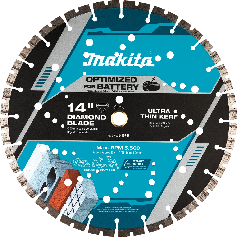 Front view of Makita 14" segmented diamond blade showing blade specs and part number
