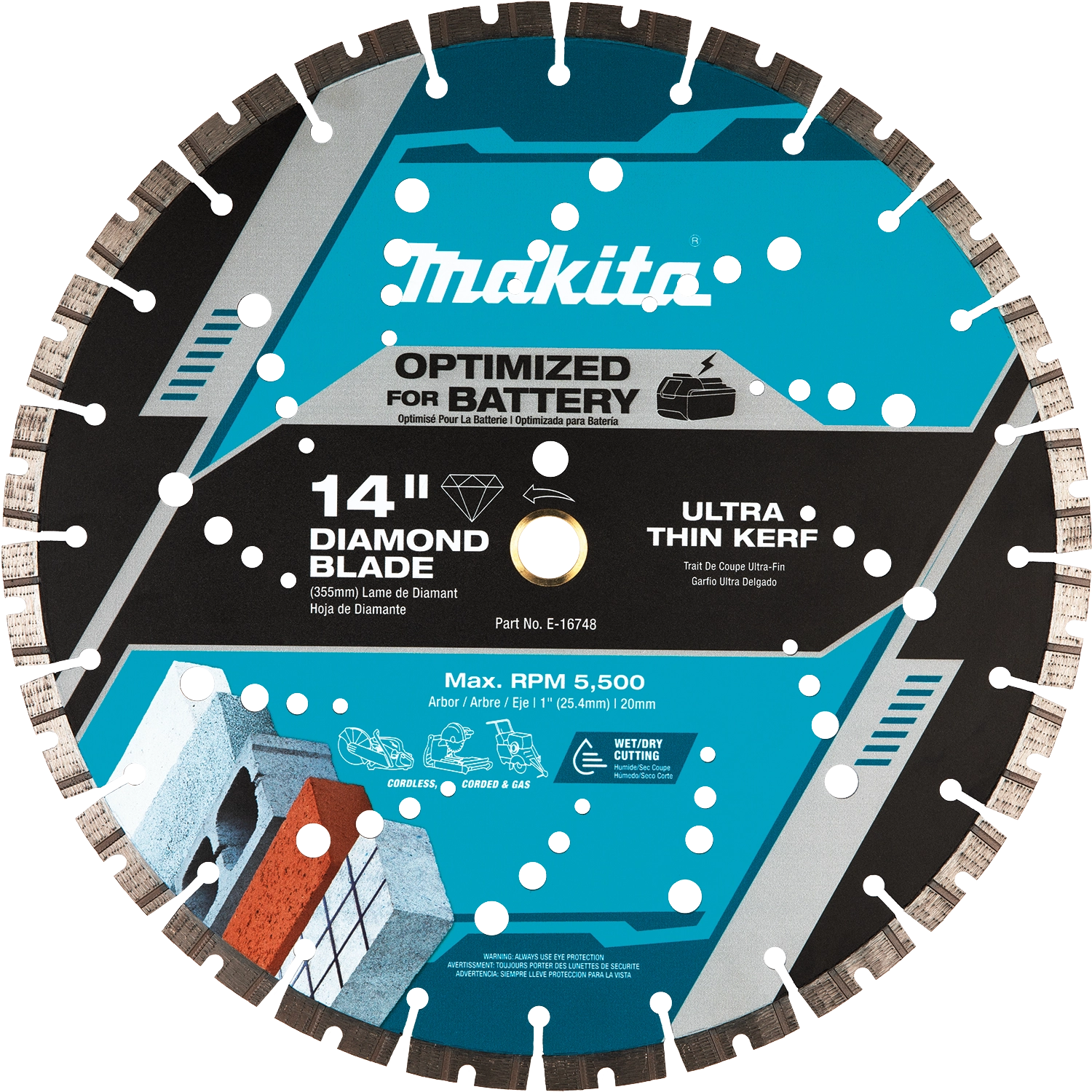 Front view of Makita 14" segmented diamond blade showing blade specs and part number
