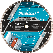Front view of Makita 14" segmented diamond blade showing blade specs and part number
