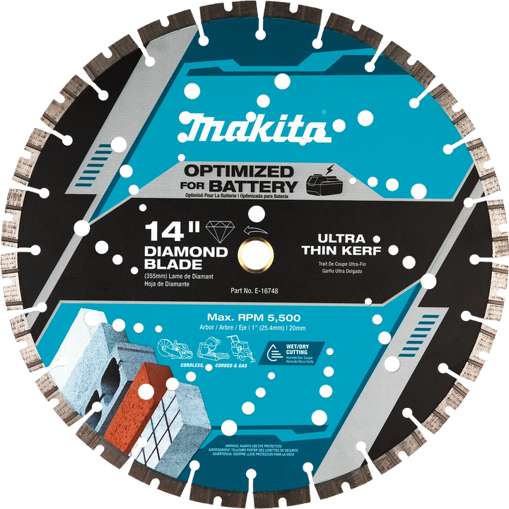 Front view of Makita 14" segmented diamond blade showing blade specs and part number
