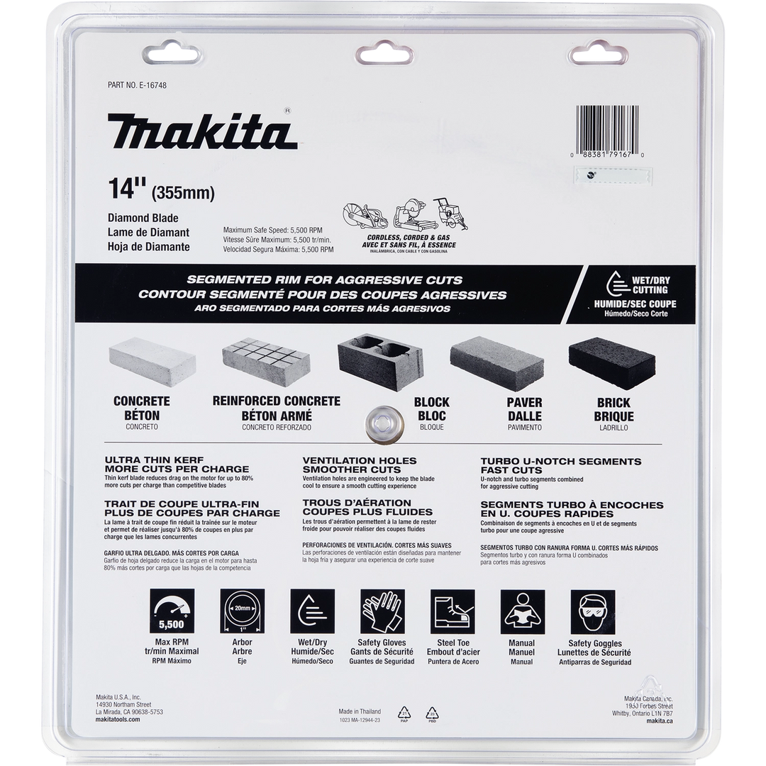 Back of Makita diamond blade packaging with application icons and safety instructions
