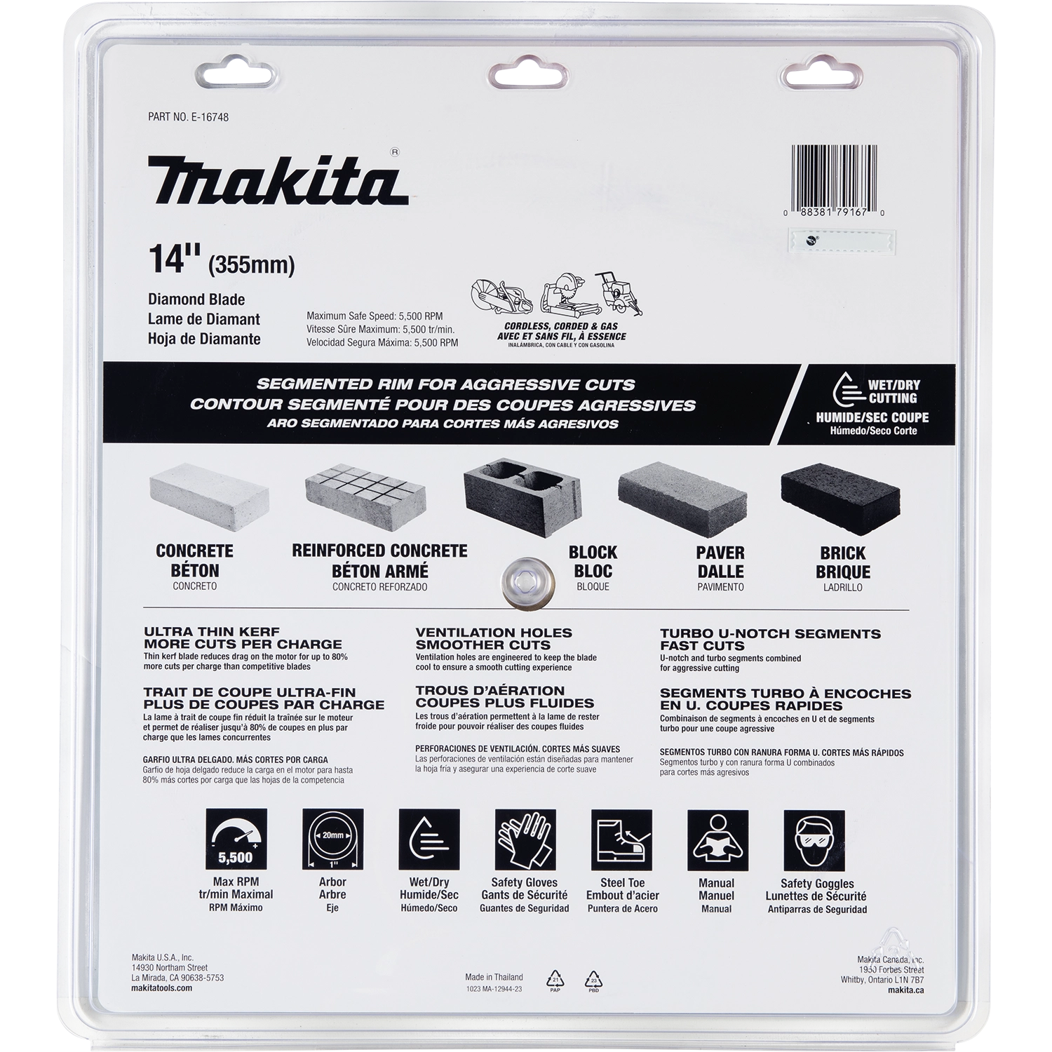 Back of Makita diamond blade packaging with application icons and safety instructions

