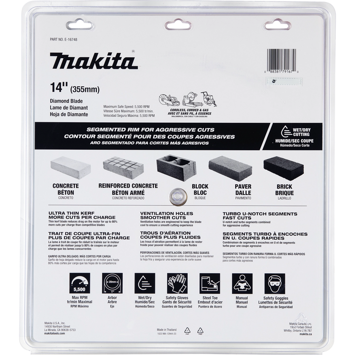 Back of Makita diamond blade packaging with application icons and safety instructions
