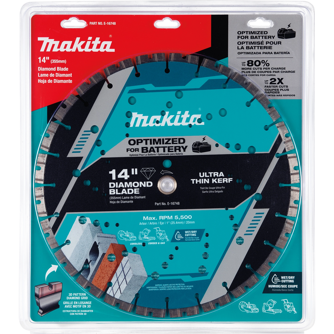 Front of Makita diamond blade retail packaging showing blade details and compatibility
