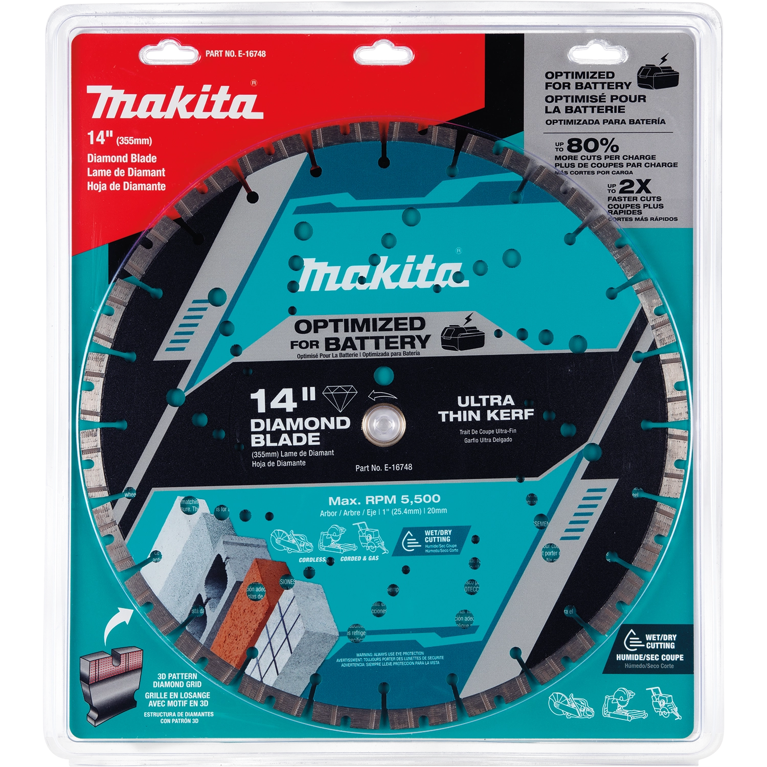 Front of Makita diamond blade retail packaging showing blade details and compatibility
