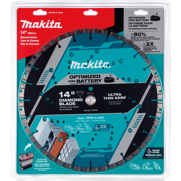 Front of Makita diamond blade retail packaging showing blade details and compatibility
