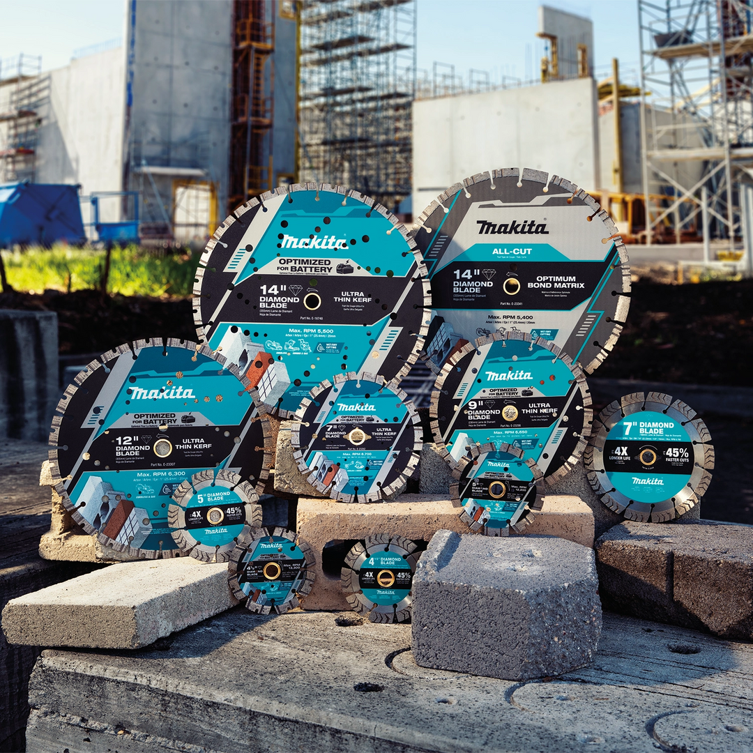 Makita diamond blade with multiple Makita saws and accessories grouped together
