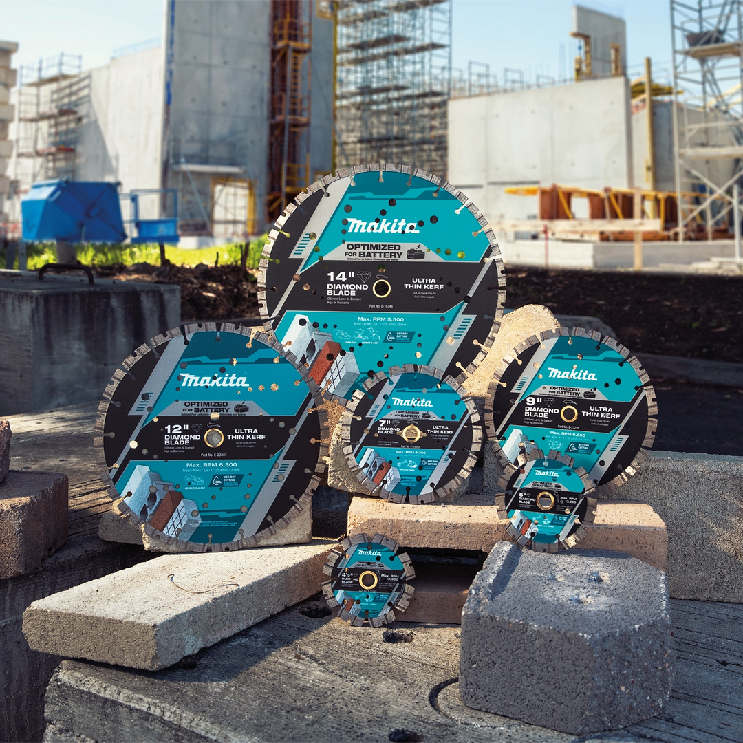 Makita 14" diamond blade displayed with several Makita saws showing full compatibility
