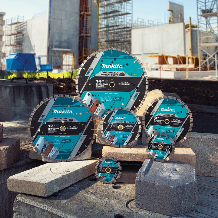 Makita 14" diamond blade displayed with several Makita saws showing full compatibility
