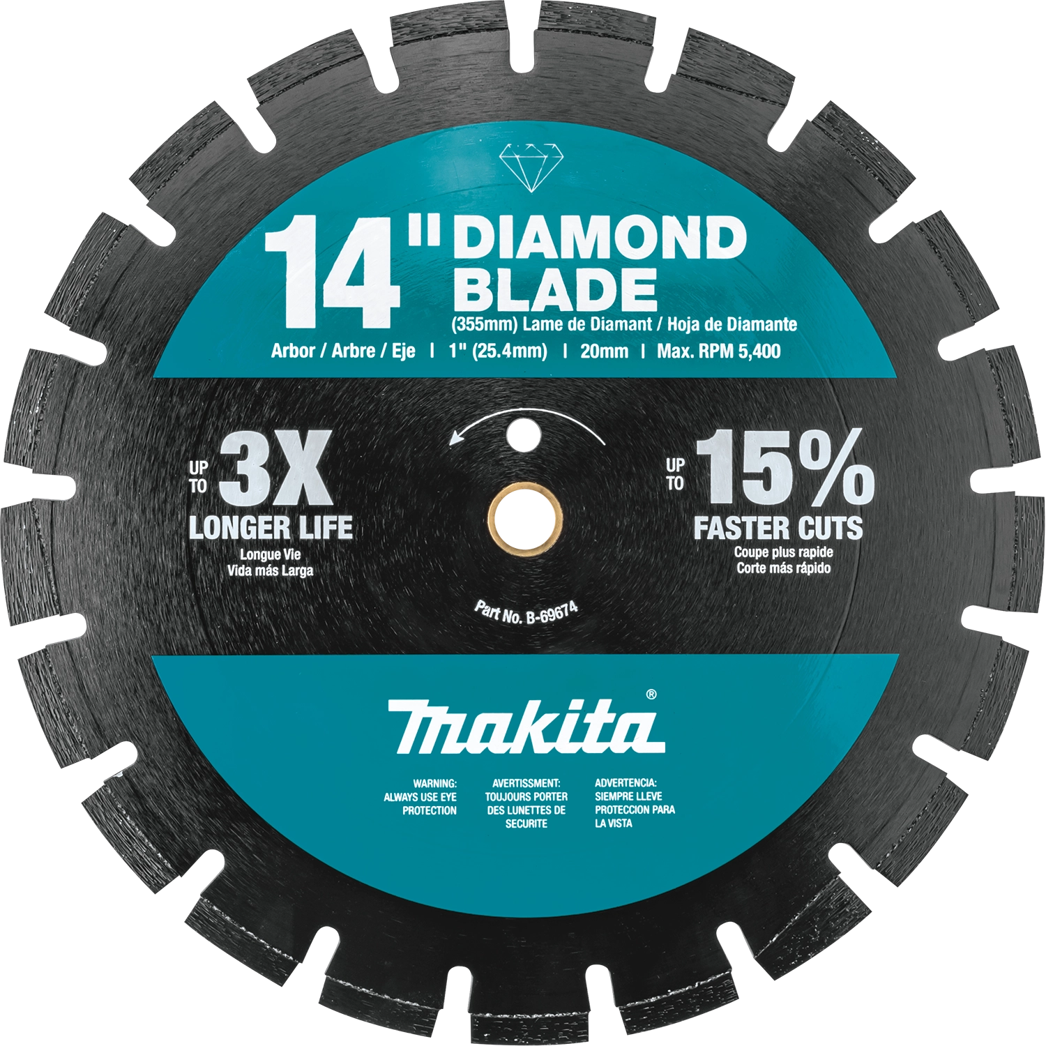 Front view of Makita 14" segmented diamond blade with Makita branding and specs
