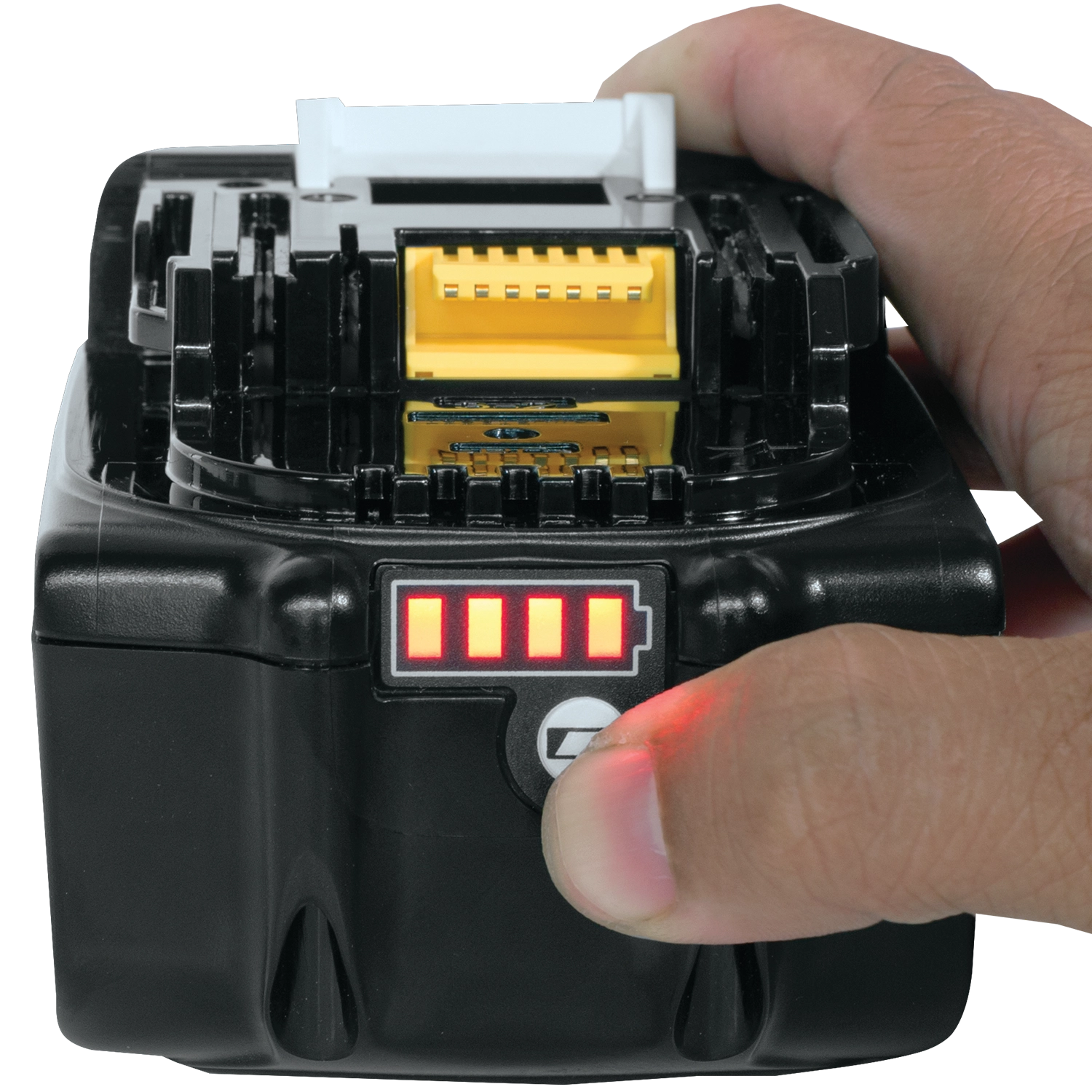 Close-up of power button on Makita 18V 6Ah battery
