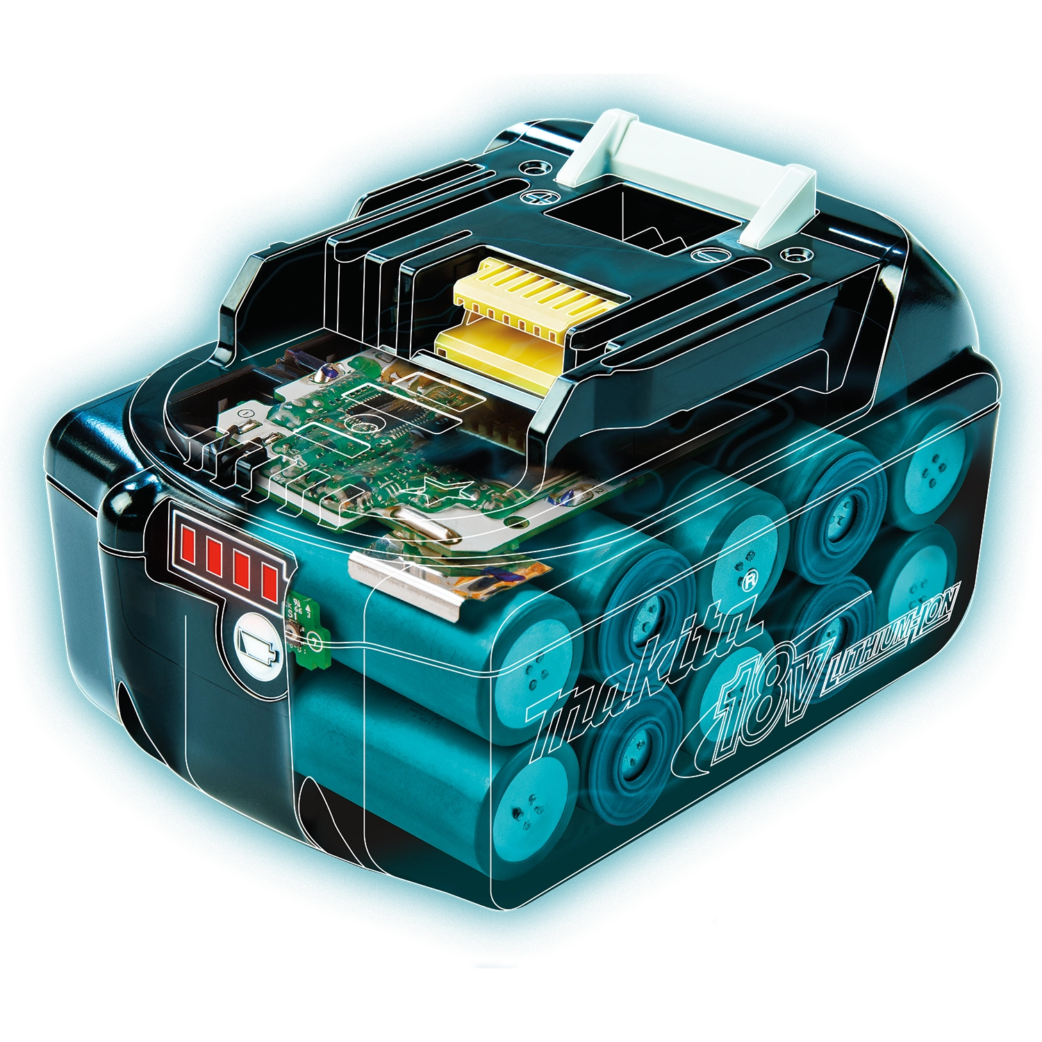 Internal view of Makita 18V 6Ah battery with cells exposed
