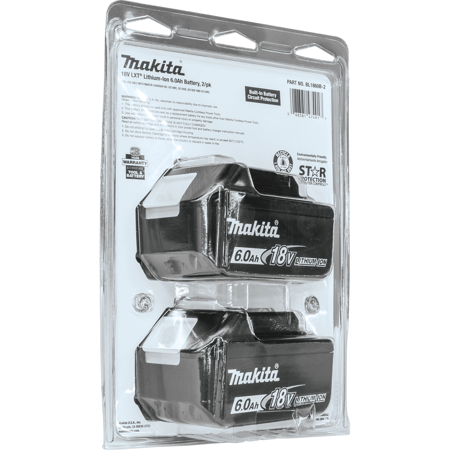 Makita battery packaging back angle with product specs
