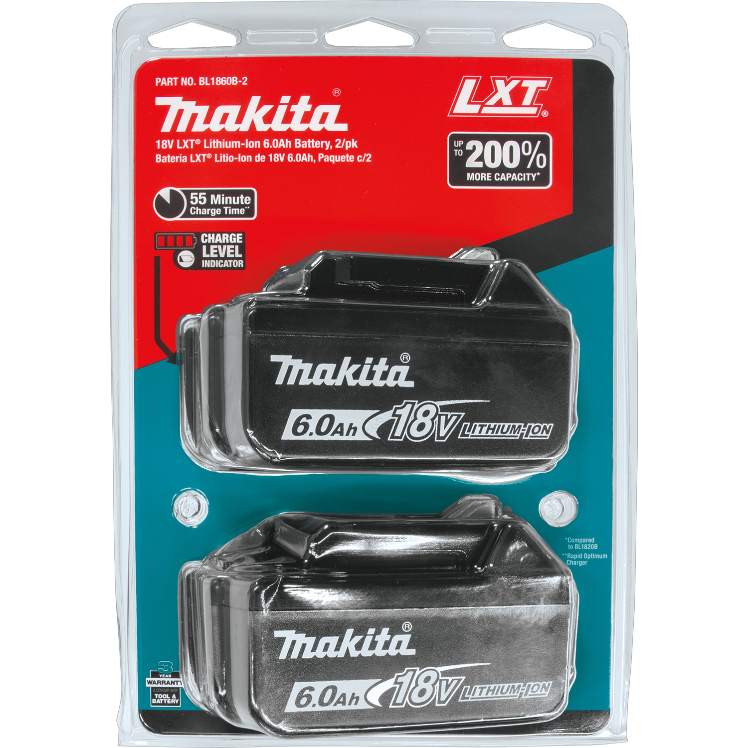 Direct front view of Makita 6Ah battery retail packaging

