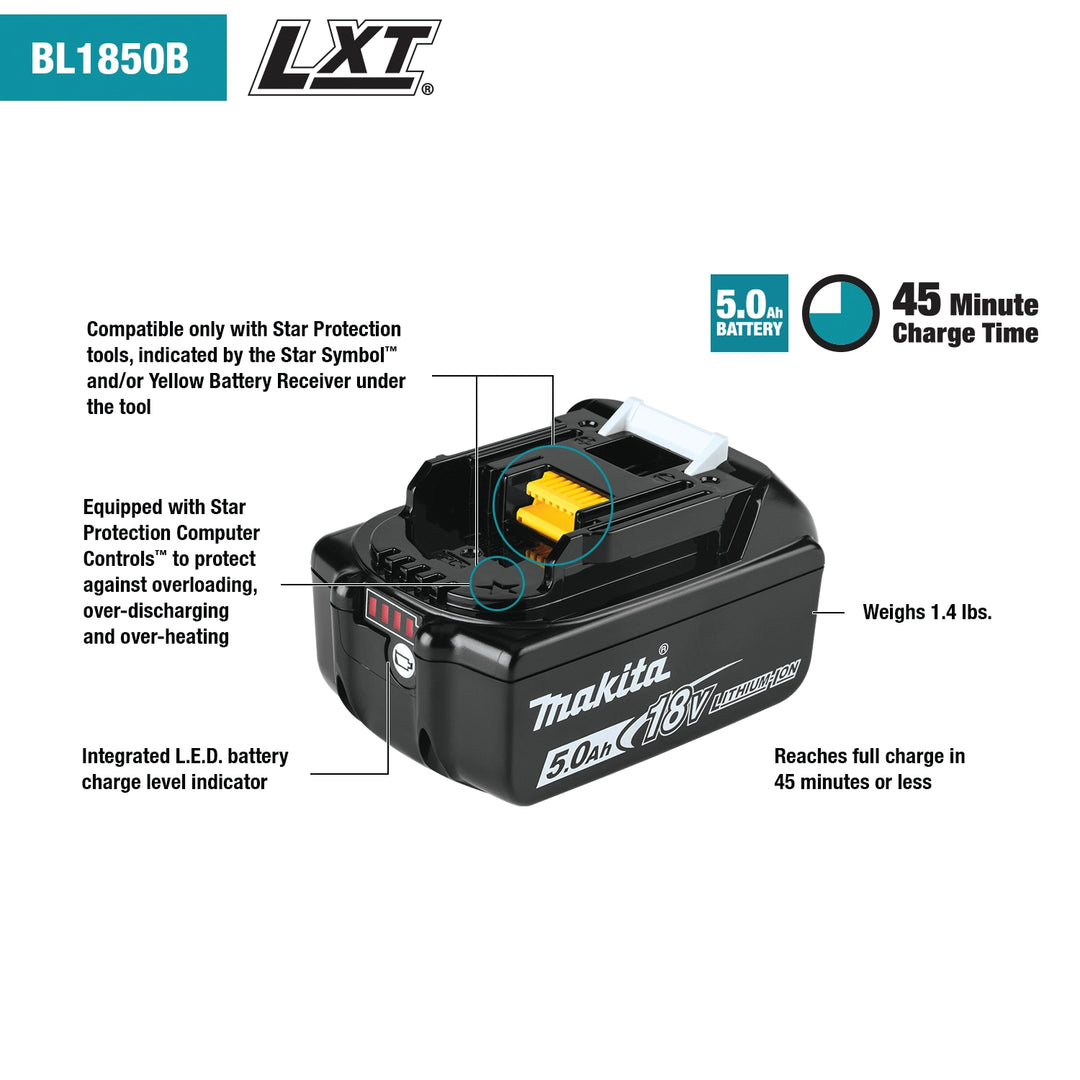 Makita 18V LXT 5.0Ah Battery showcasing key features and label
