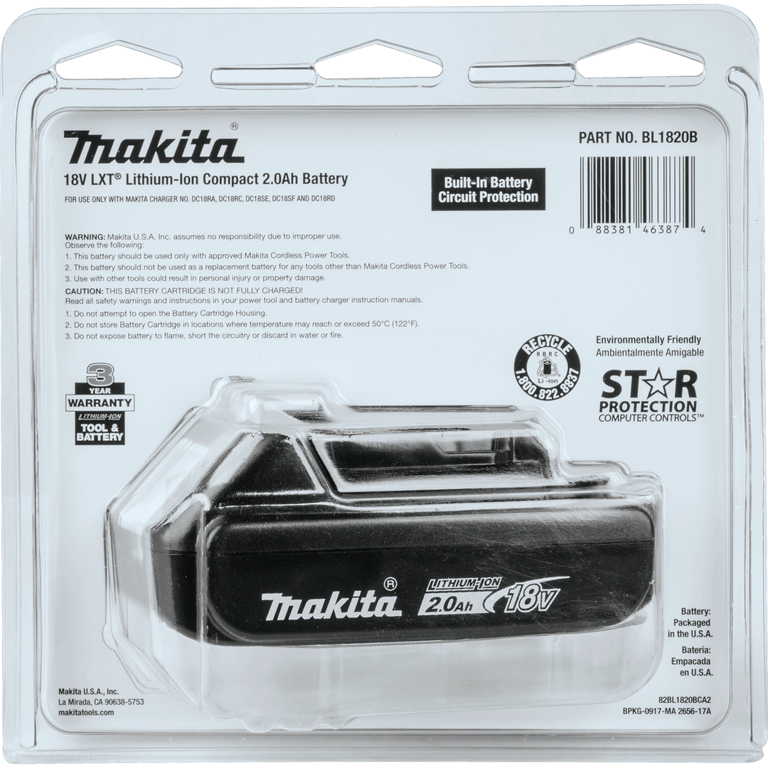 Back of Makita 2.0Ah battery retail packaging with product info and specs
