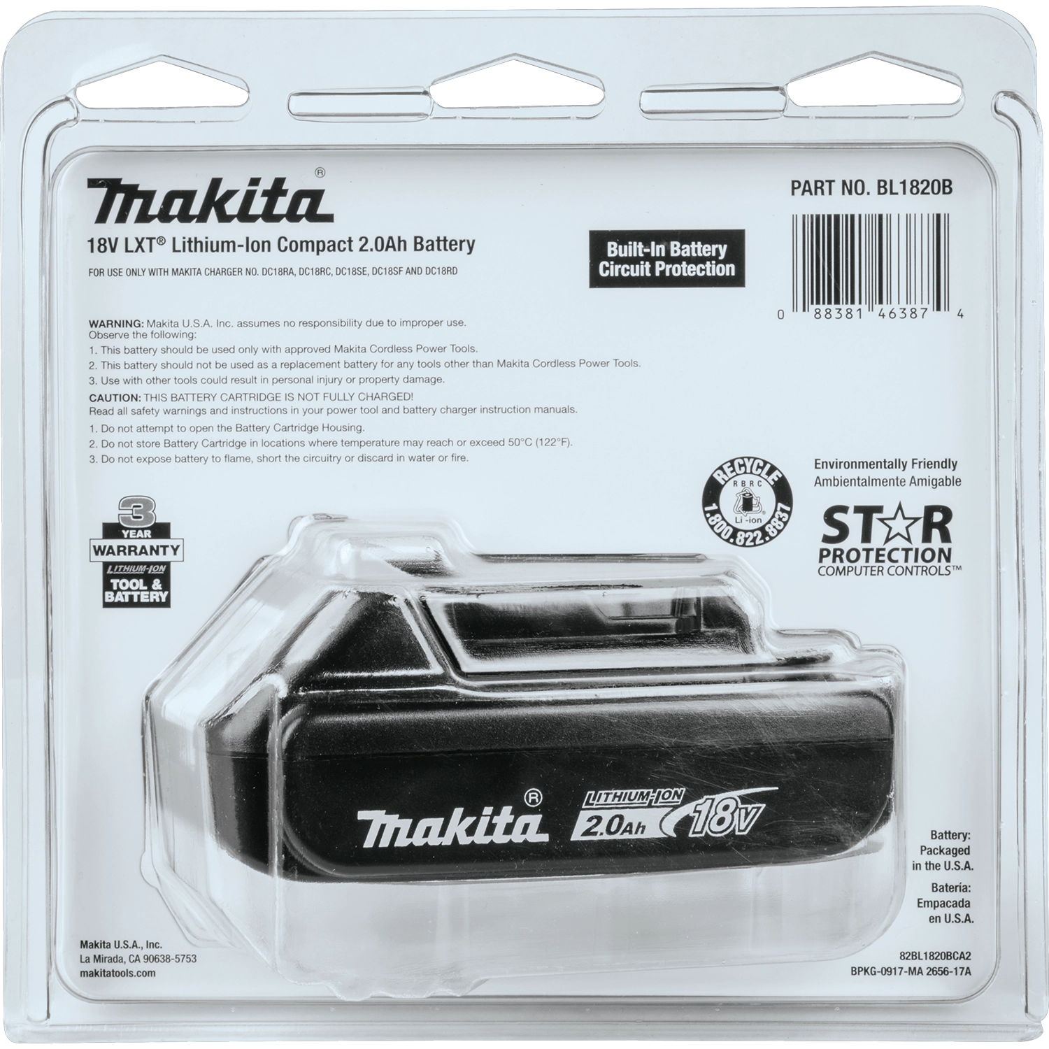 Back of Makita 2.0Ah battery retail packaging with product info and specs
