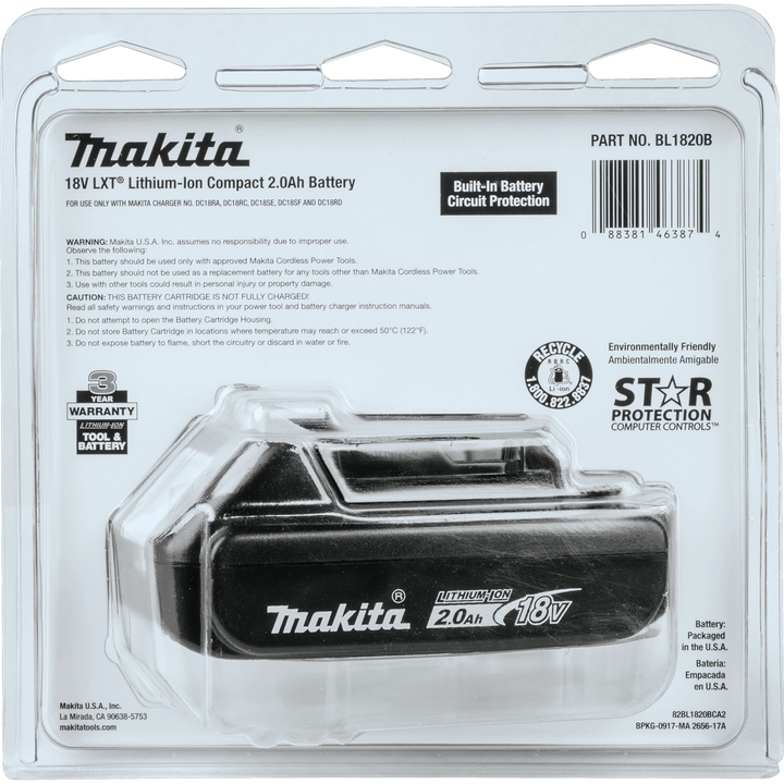 Back of Makita 2.0Ah battery retail packaging with product info and specs
