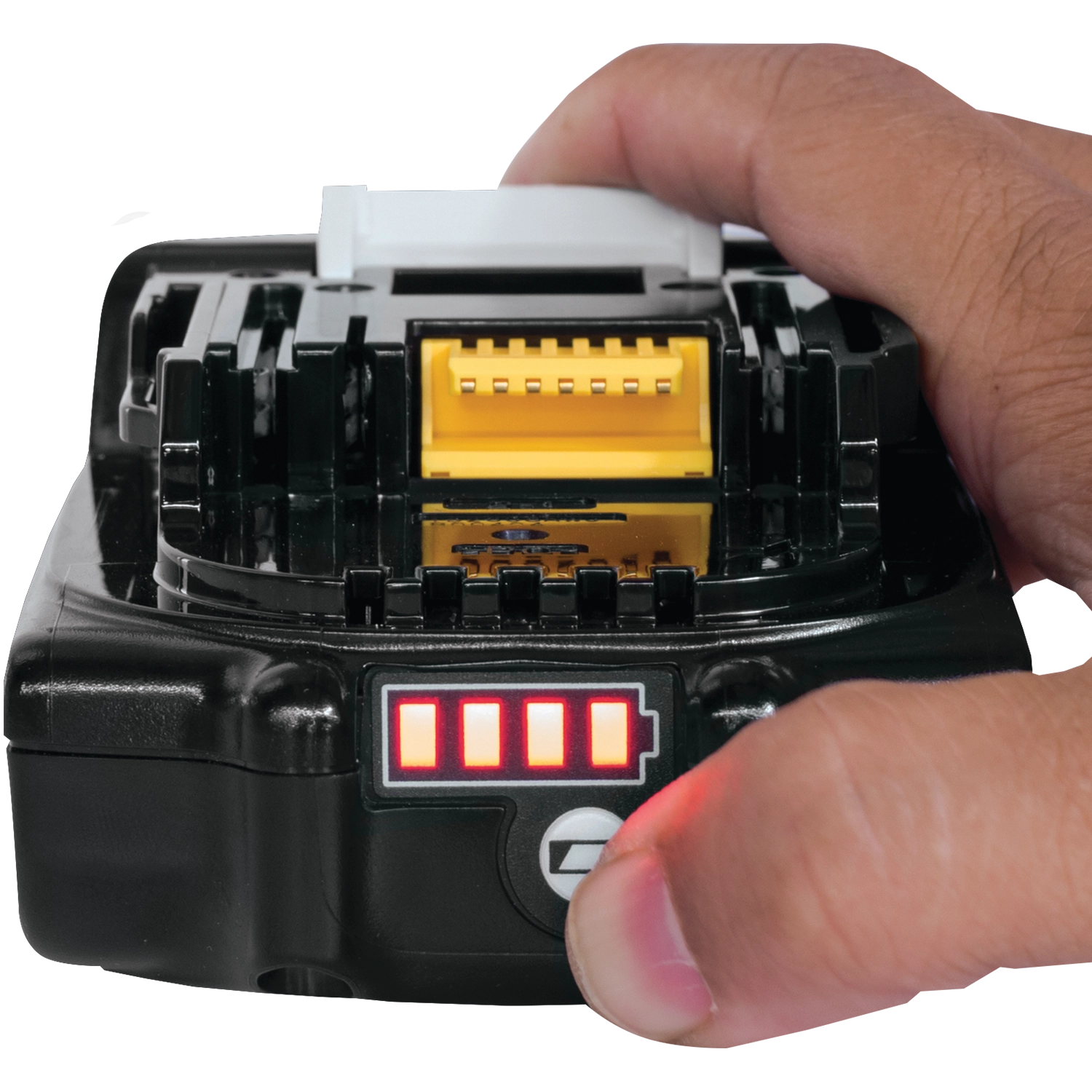 Makita 2.0Ah battery front LED lights illuminated to indicate charge status
