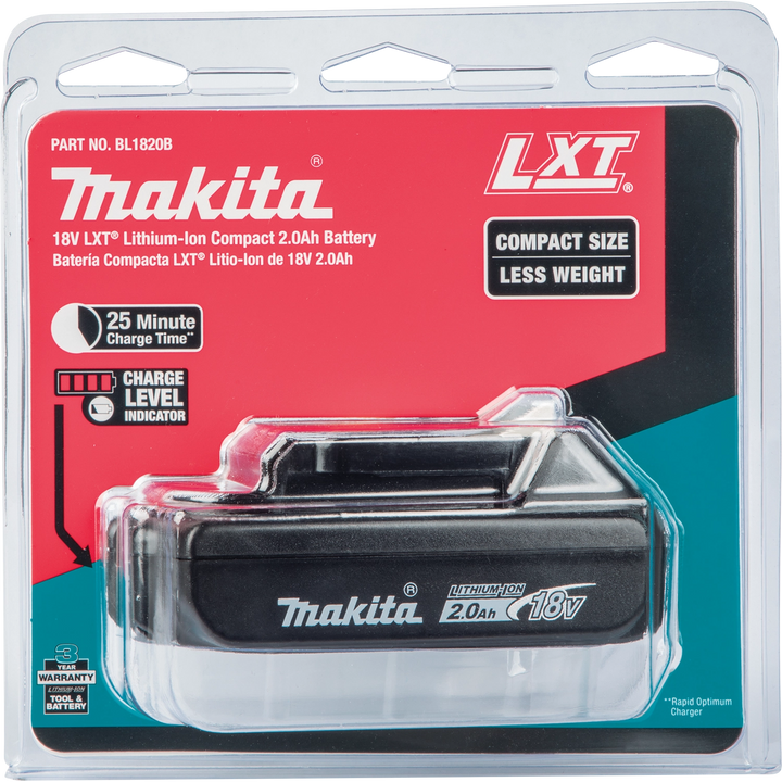 Makita 2.0Ah battery inside front retail packaging with branding visible
