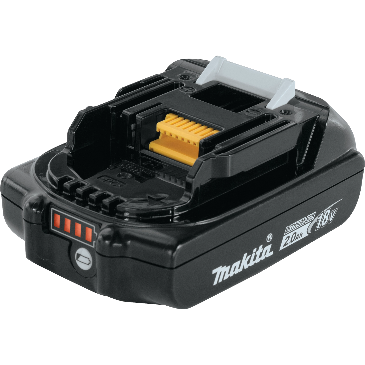 Right angle view of Makita 2.0Ah battery showing compact profile
