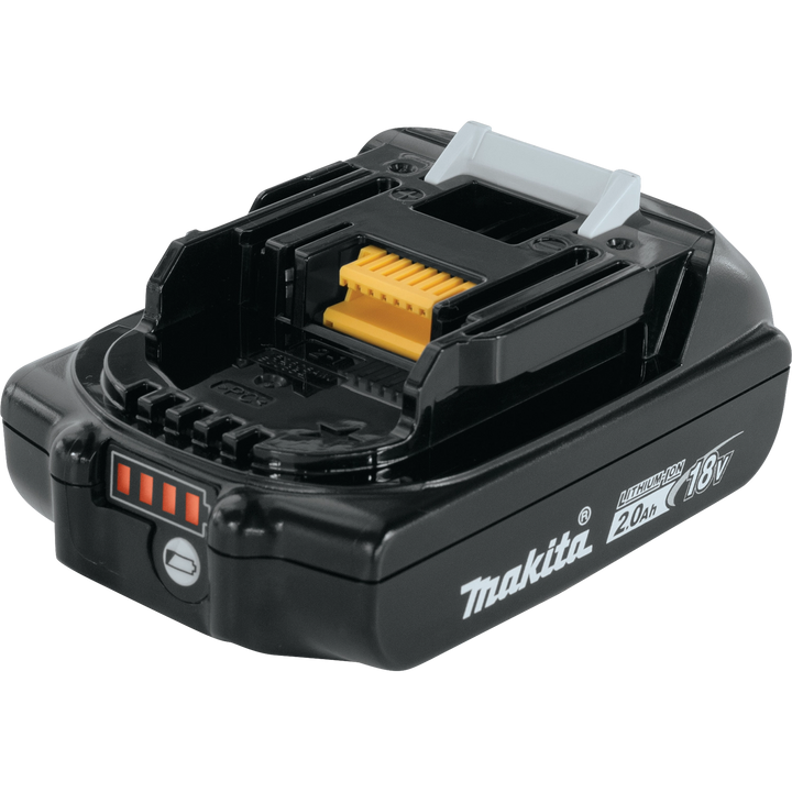 Right angle view of Makita 2.0Ah battery showing compact profile
