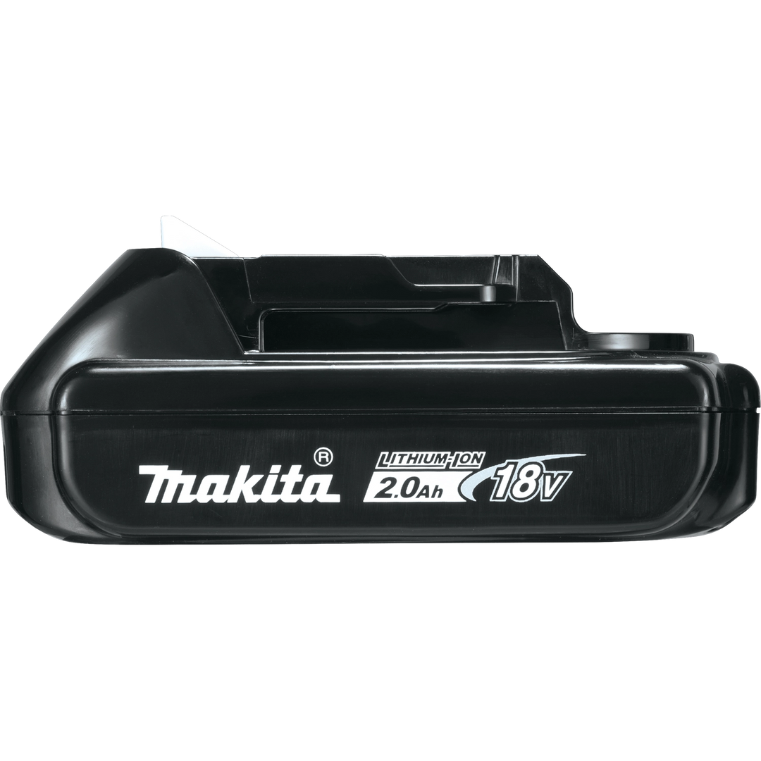 Side view of Makita 2.0Ah battery displaying LED indicator and grip texture
