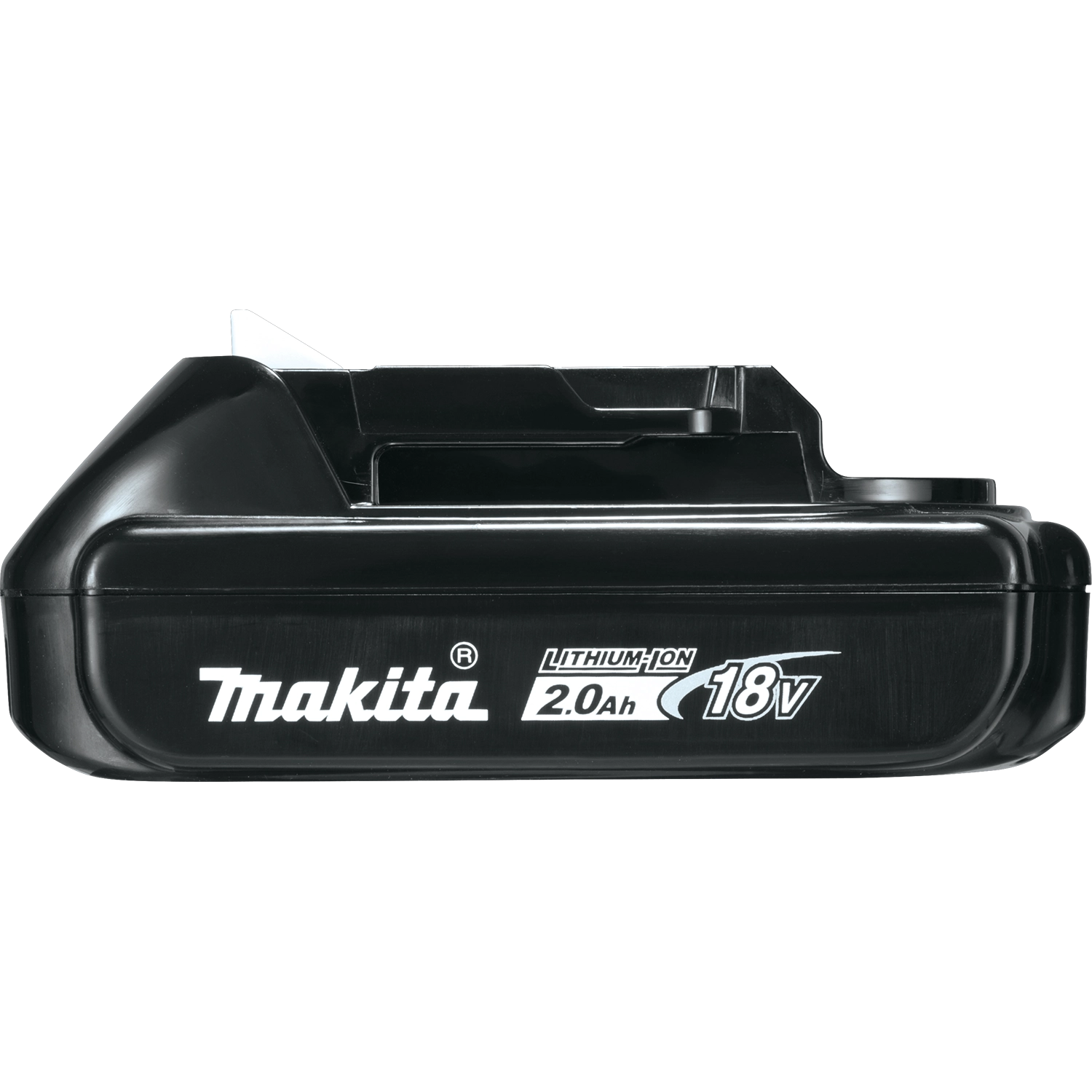 Side view of Makita 2.0Ah battery displaying LED indicator and grip texture
