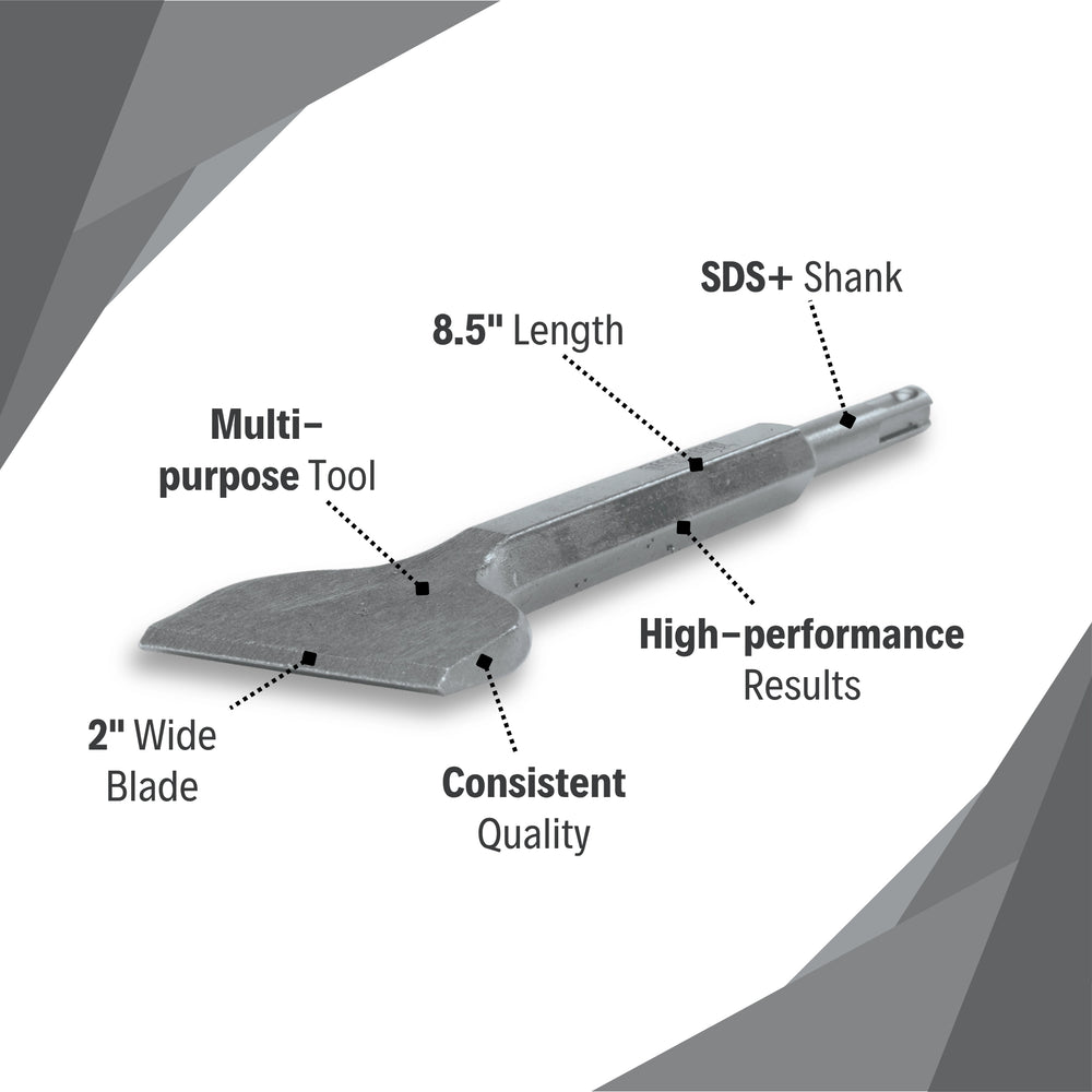 Makita 2" x 8.5" scaling chisel SDS+ features including blade width and durable steel construction
