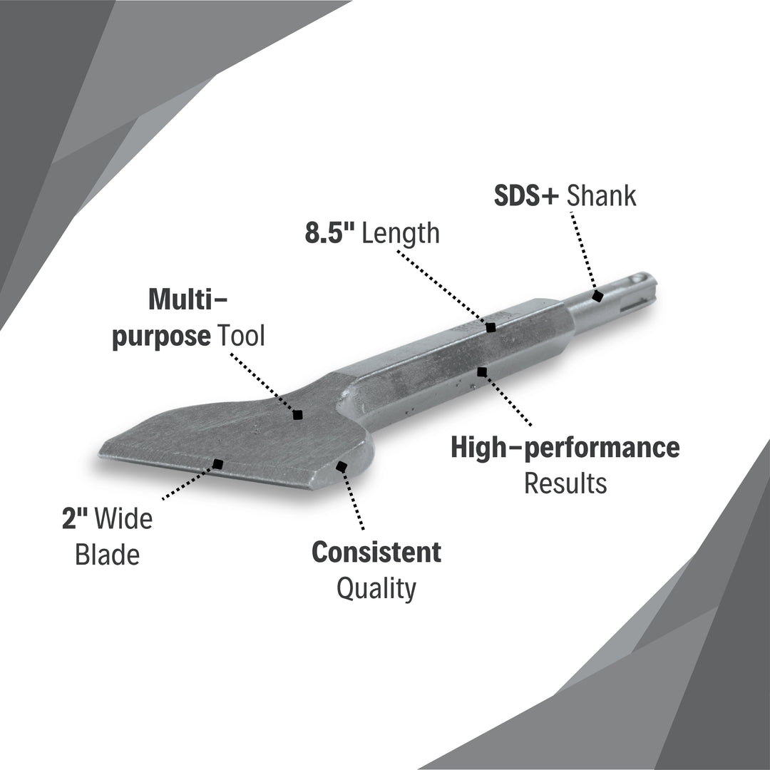 Makita 2" x 8.5" scaling chisel SDS+ features including blade width and durable steel construction
