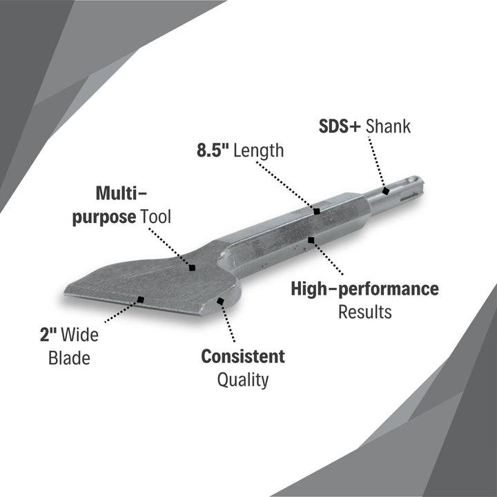 Makita 2" x 8.5" scaling chisel SDS+ features including blade width and durable steel construction
