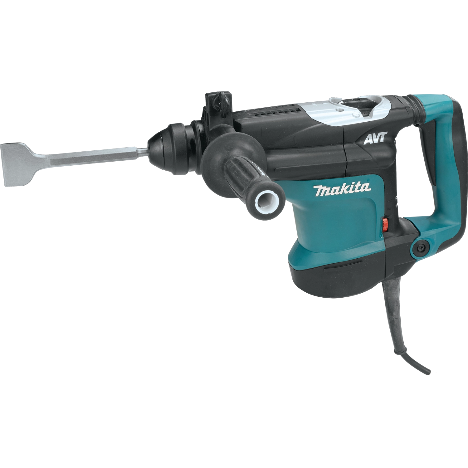 Makita 2" x 8.5" scaling chisel SDS+ inserted into rotary hammer during operation
