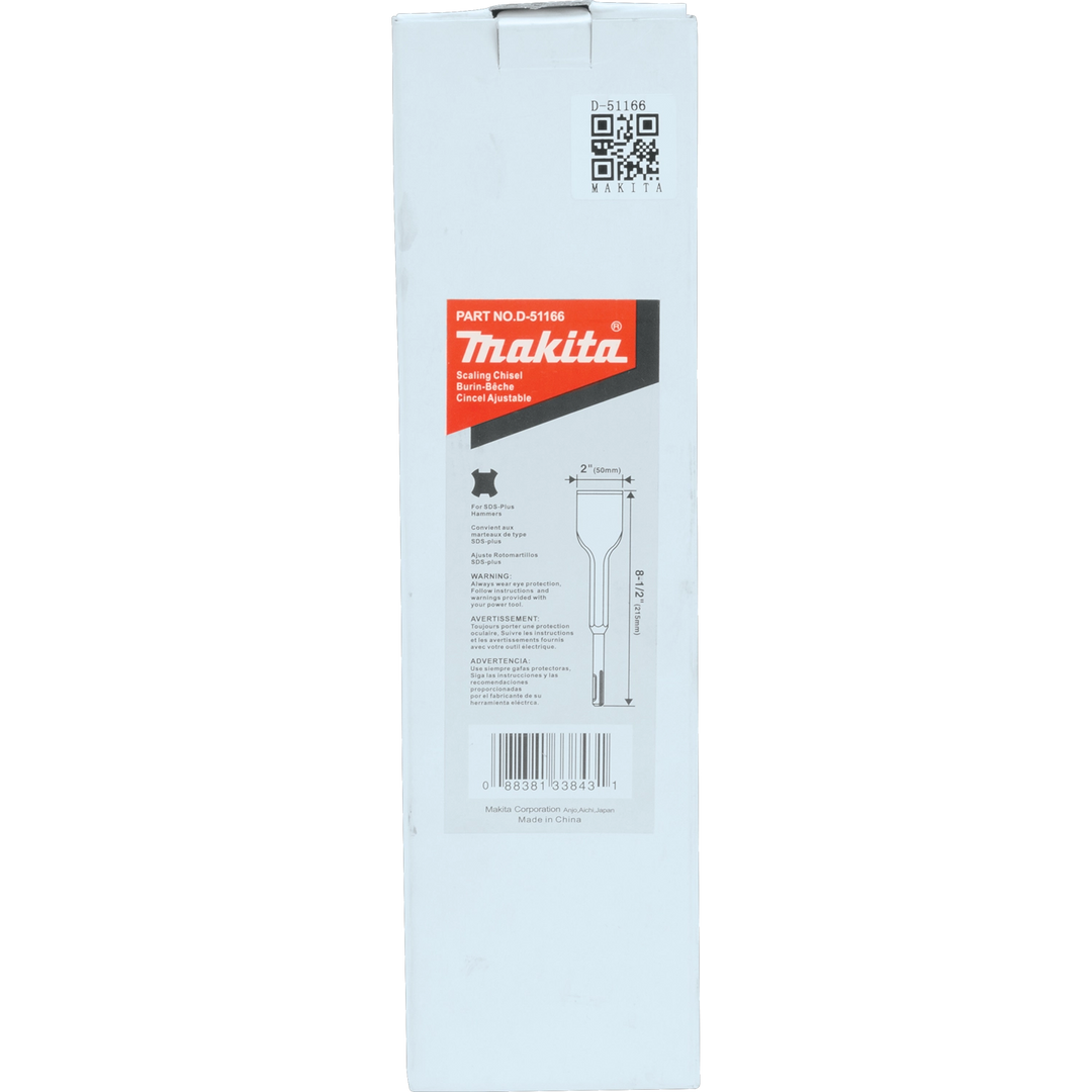Makita 2" x 8.5" scaling chisel SDS+ in clear retail packaging with product label visible
