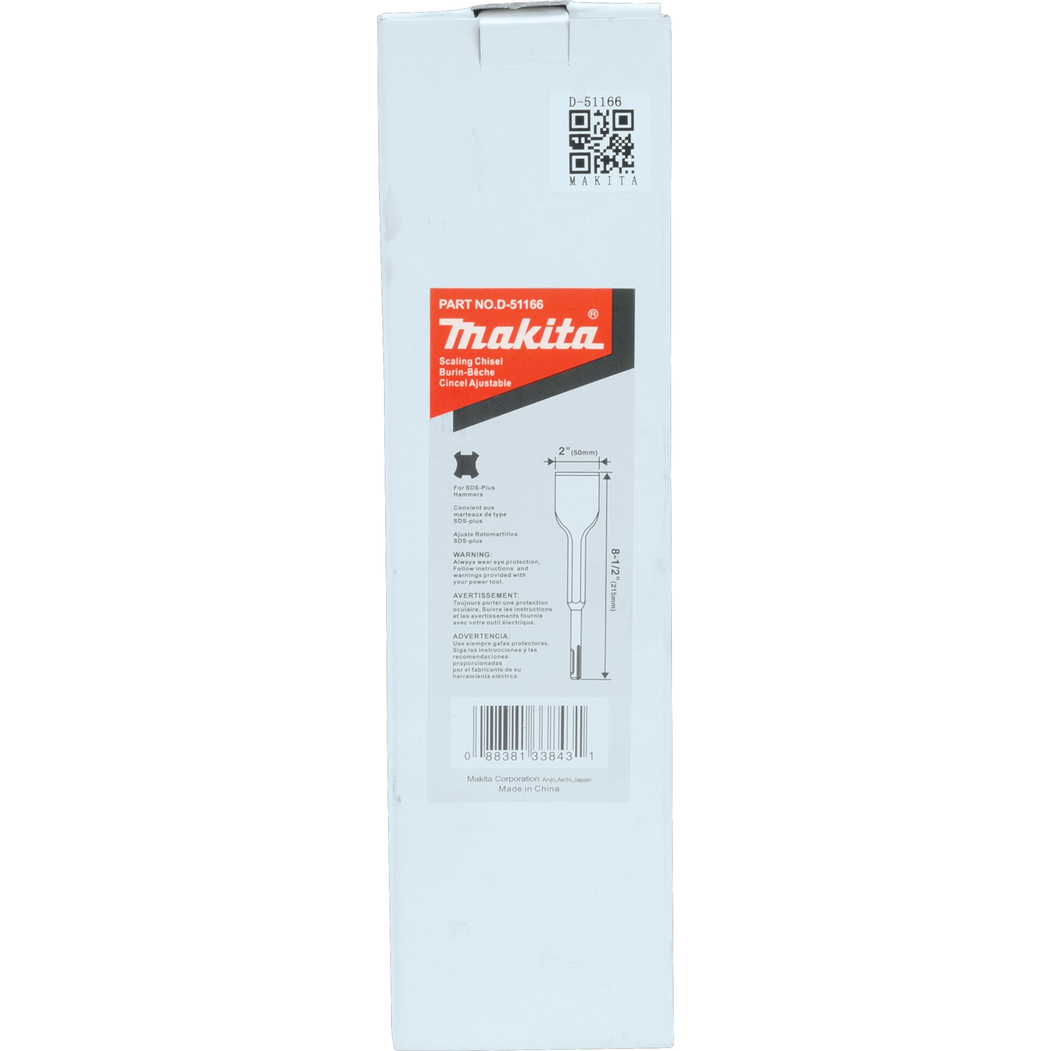 Makita 2" x 8.5" scaling chisel SDS+ in clear retail packaging with product label visible
