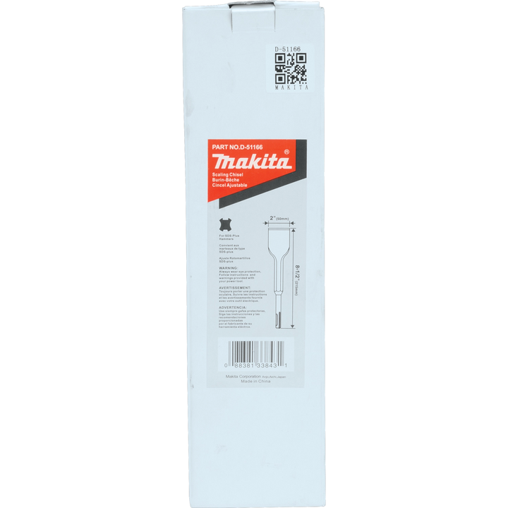 Makita 2" x 8.5" scaling chisel SDS+ in clear retail packaging with product label visible
