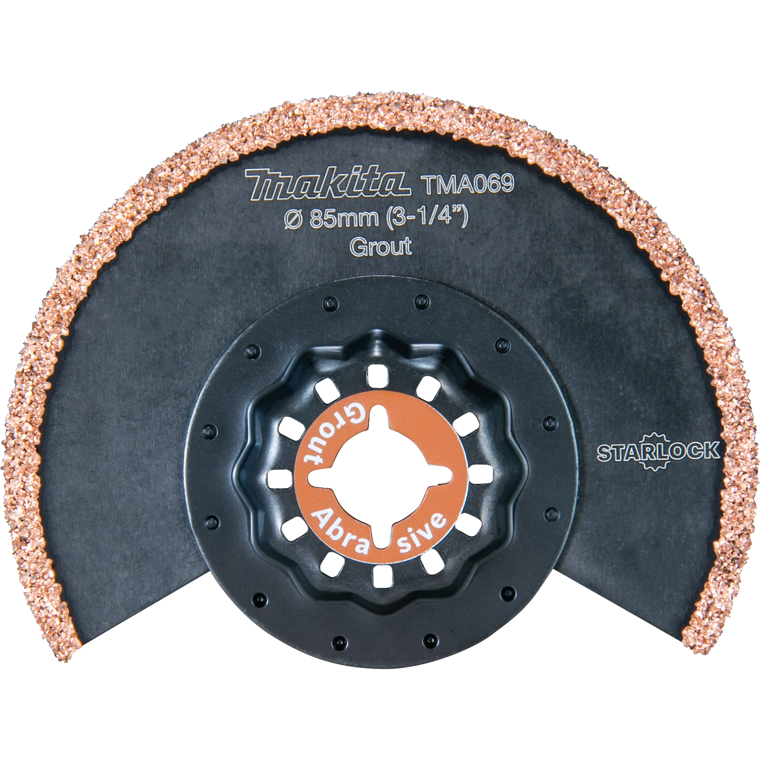 front view of makita 3.25 inch grout blade showing carbide-coated edge and starlock mounting
