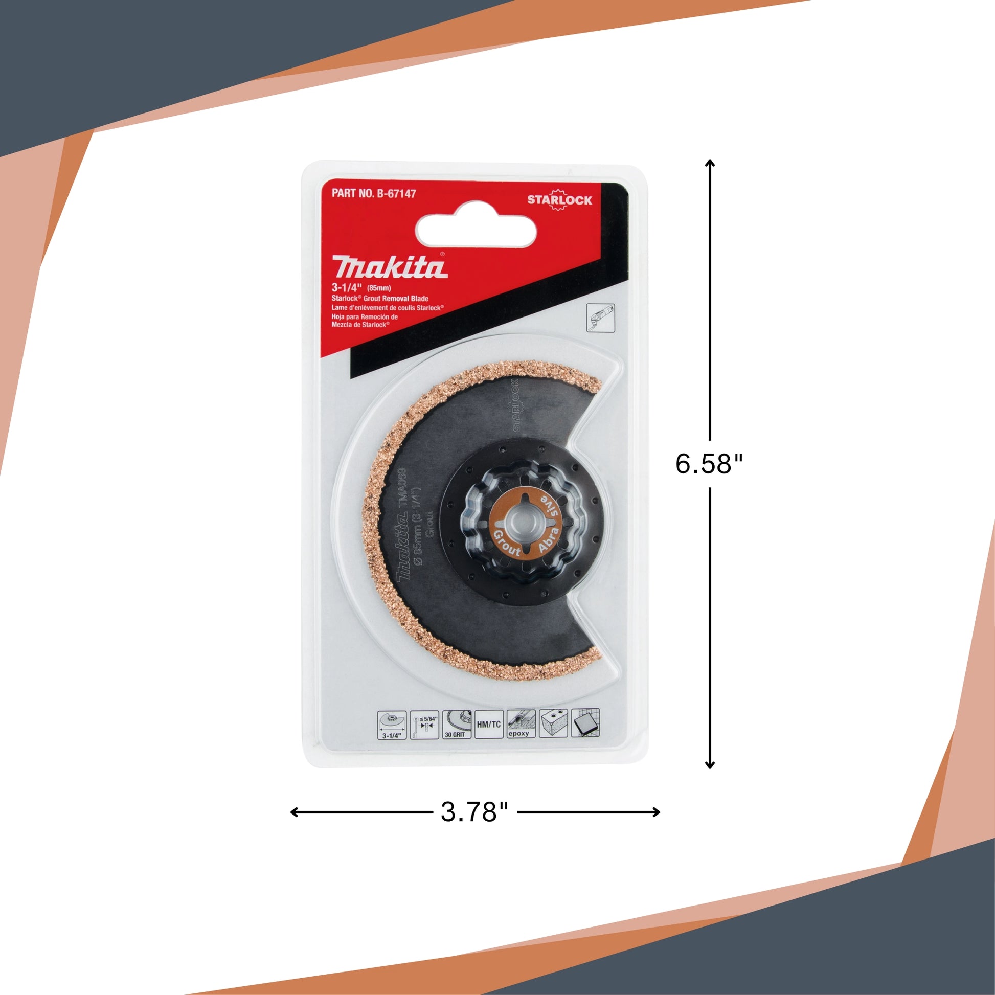 makita grout blade next to measuring tape for size and scale reference
