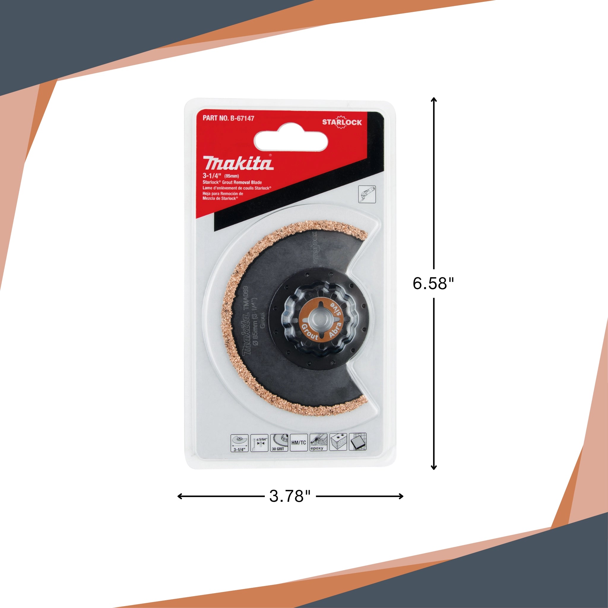 makita grout blade next to measuring tape for size and scale reference

