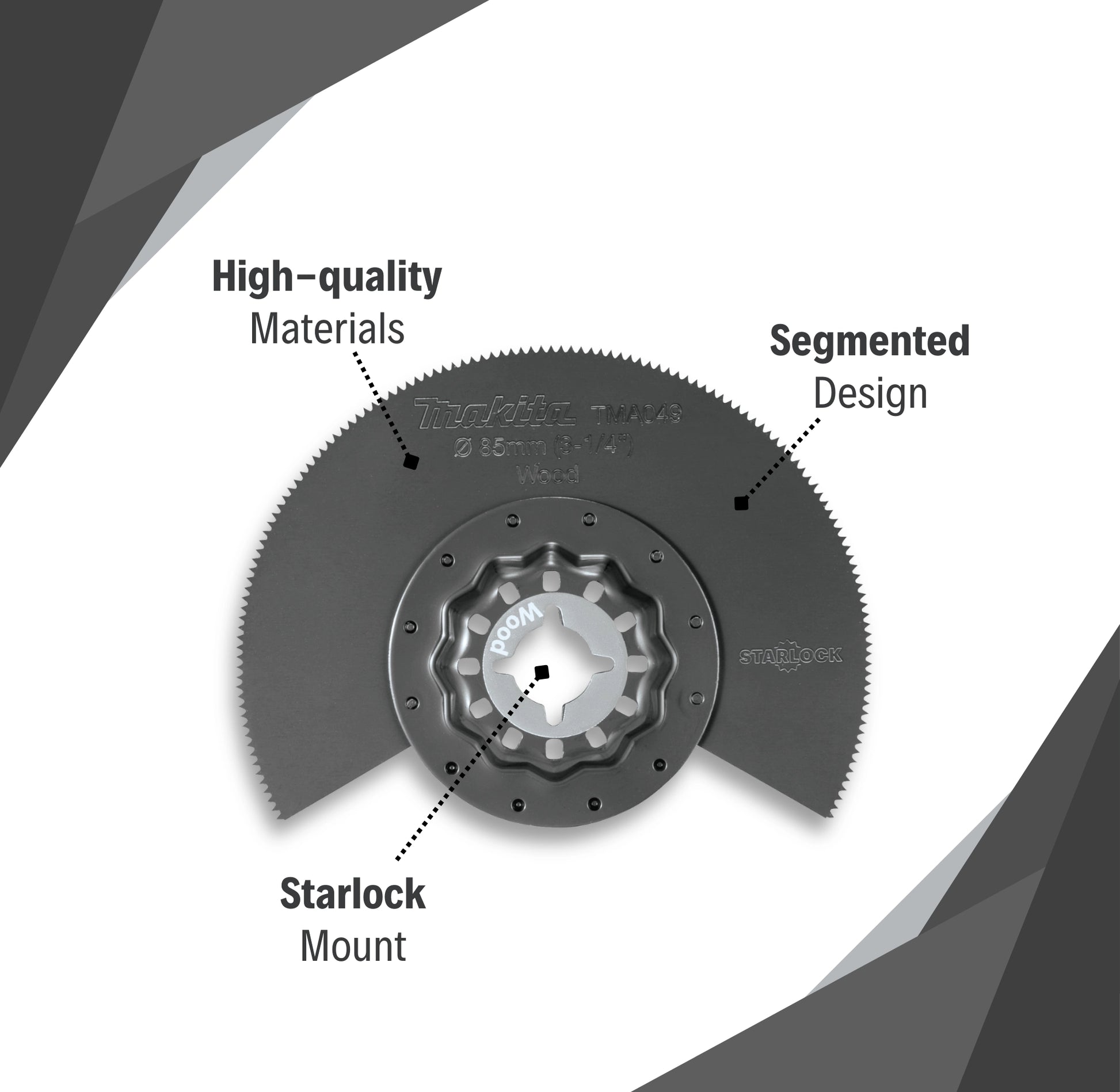 features of makita 3.25 inch starlock segmented saw blade including segmented edge and tool-free mount
