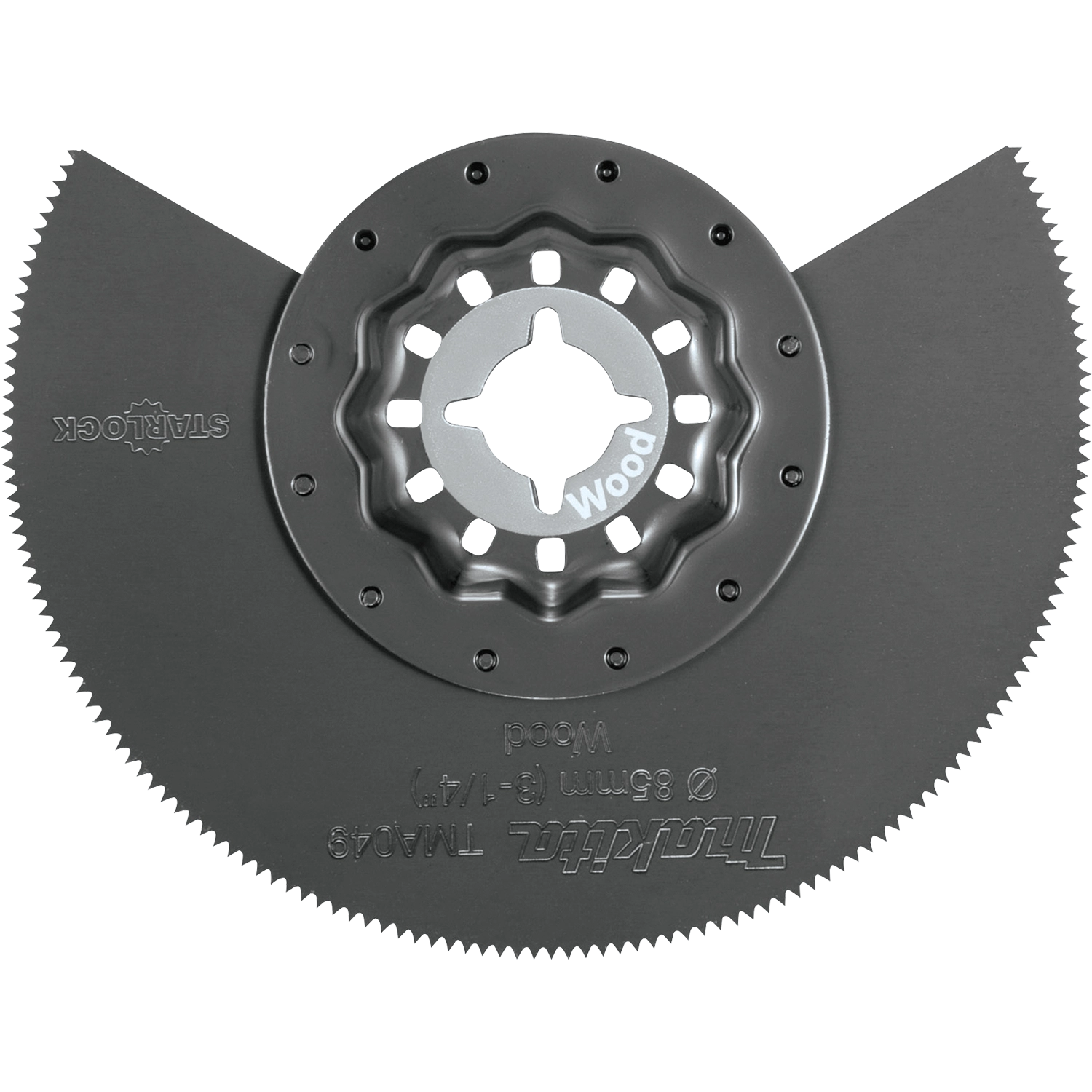 makita 3.25 inch starlock blade positioned upside down showing rear profile and mount teeth
