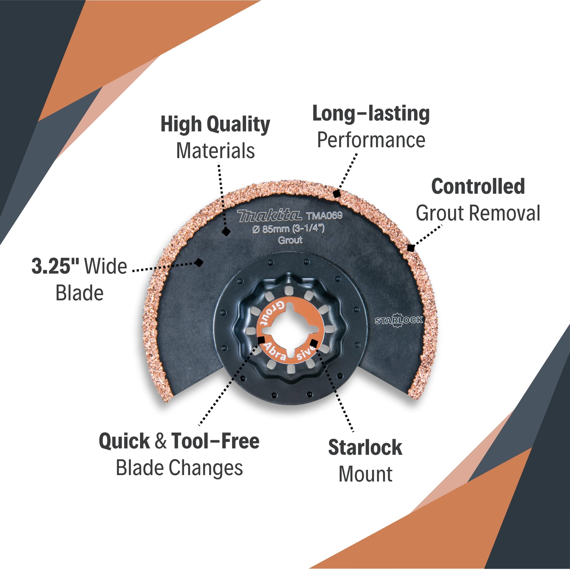 key features of makita 3.25 inch starlock grout removal blade including wide carbide edge and durable design
