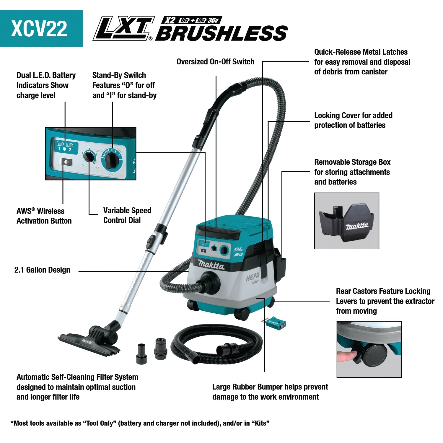 key features of makita 36v hepa vacuum including variable speed control and cordless or corded operation
