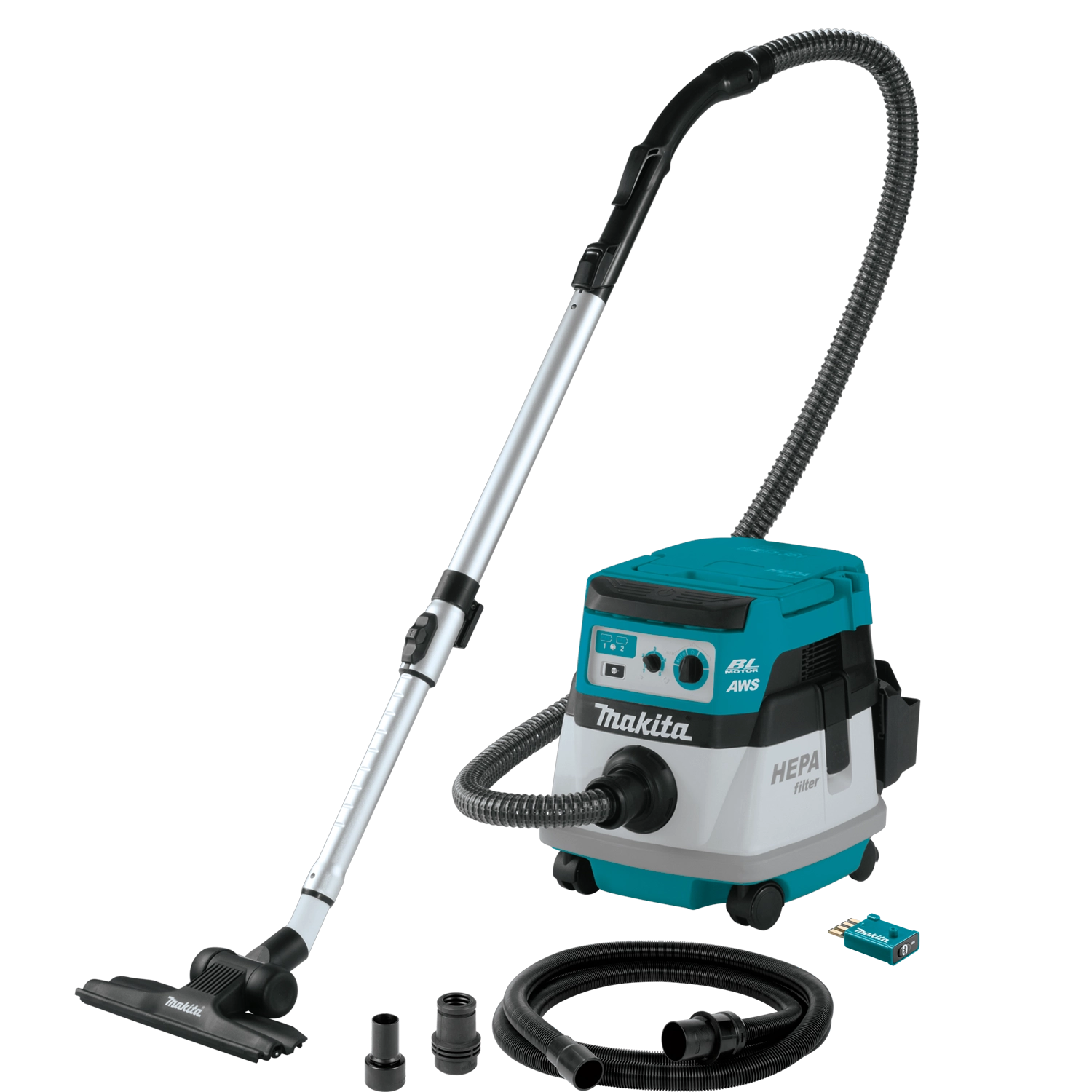 makita hepa vacuum with hose pointed upward in storage or idle position
