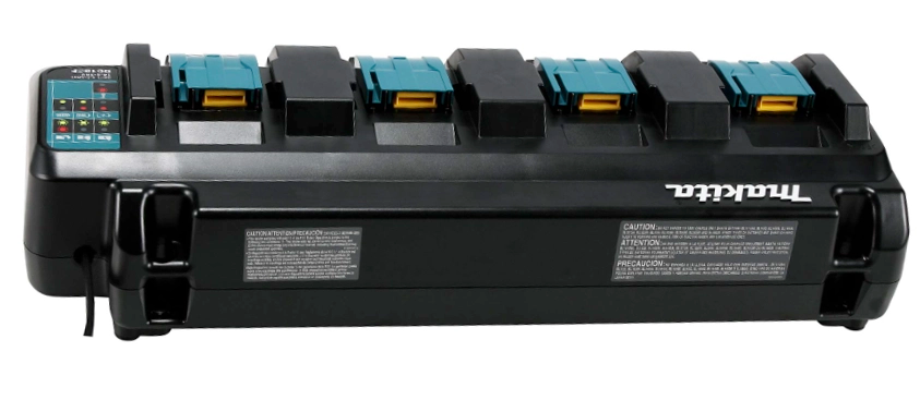 back view of makita 4-port battery charger showing power cable connection and rear vents
