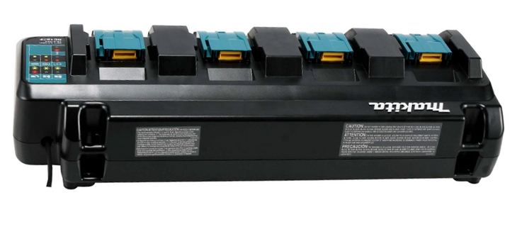 back view of makita 4-port battery charger showing power cable connection and rear vents
